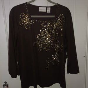 Alfred Dunner. Warm chocolate brown top, beautifully embellished, size L